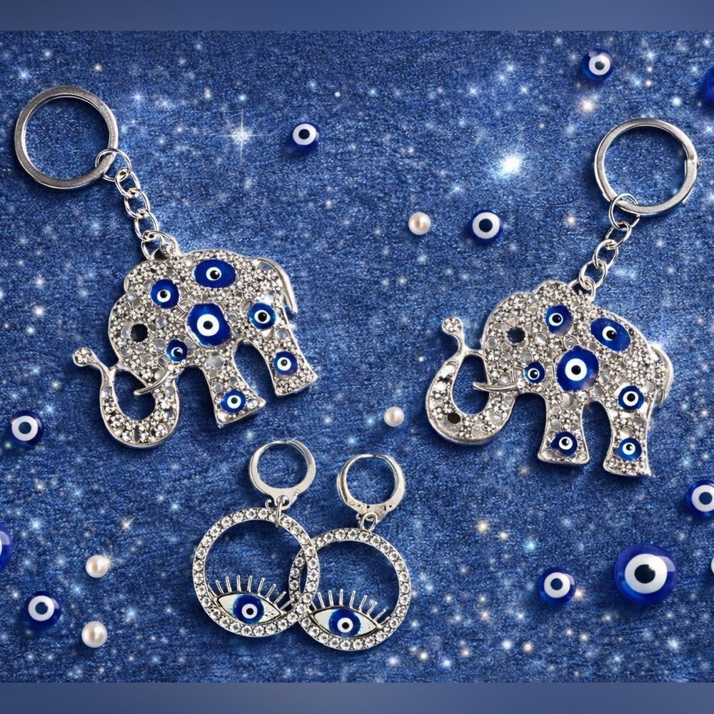 Evil Eye Jewelry Bundle | Elephant Keychains/Bag Charms + Hoop Earrings |4pc NEW